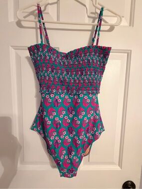J. Crew Teal and Hot Pink Floral Smocked One-Piece Swimsuit